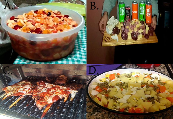 A. <I>Ensalada de frutas</I> (fruit salad)/ B. <i>Picada</i> (meat and cheese platter)/ C. <I>Matambre a la pizza</i> (pizza-style flank steak)/ D. <I>Ensalada rusa</I> (Olivier salad).